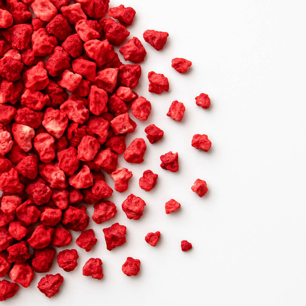 Close-up of red crunchy snack clusters