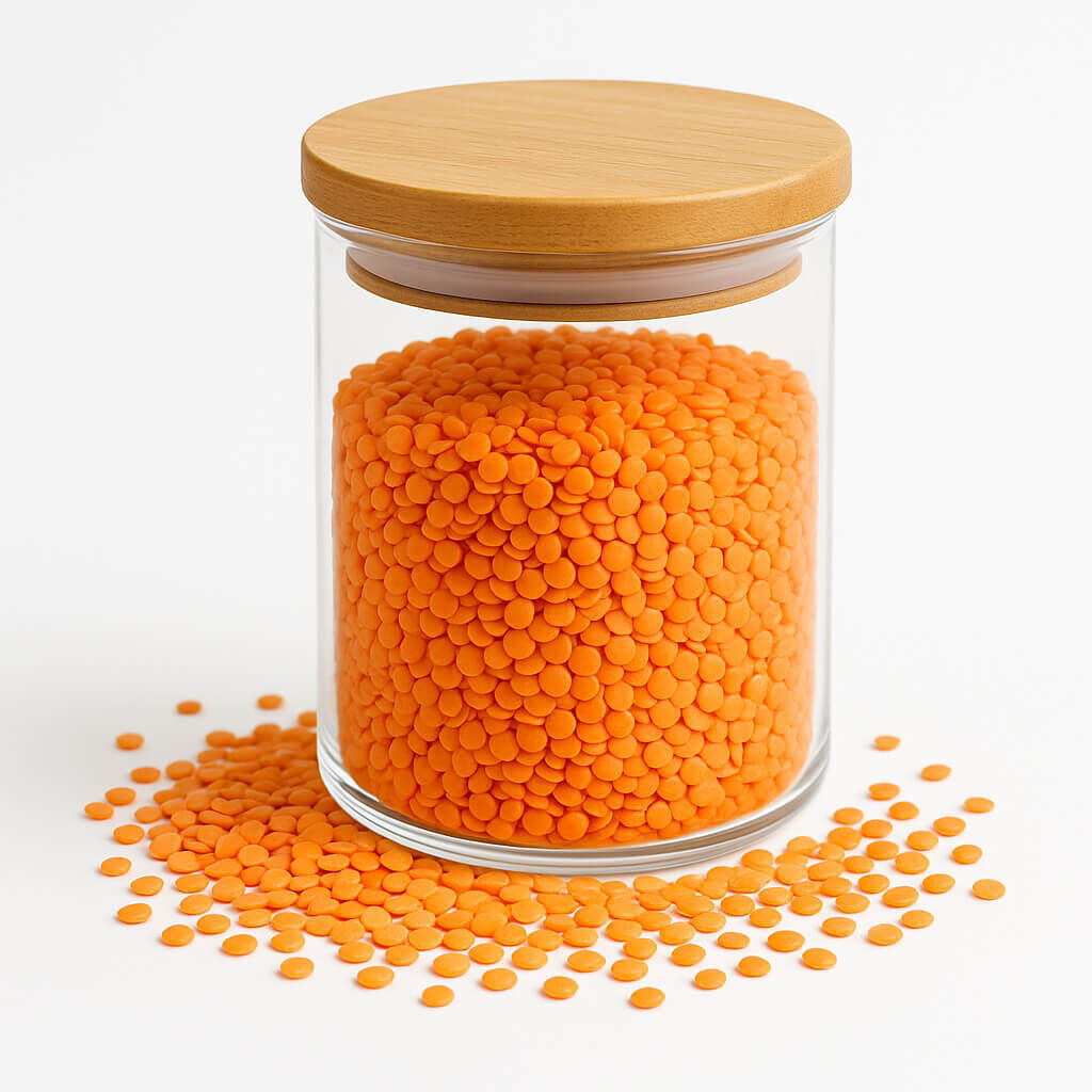 Jar filled with orange lentils, scattered around