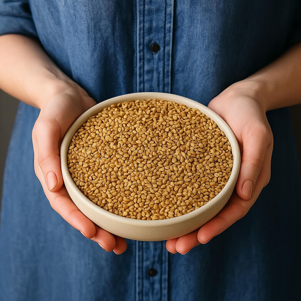Hands holding ceramic bowl of sesame seeds