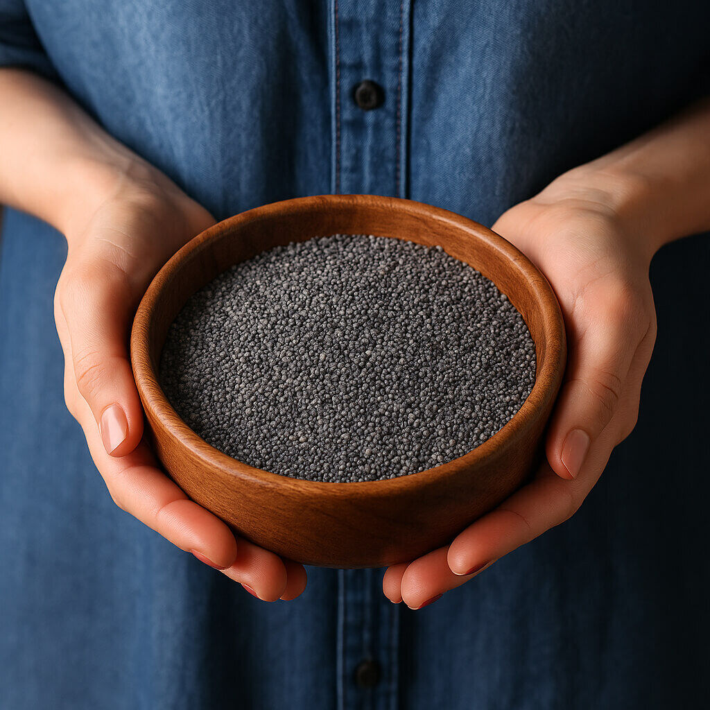 Hands holding wooden bowl filled with poppy seeds