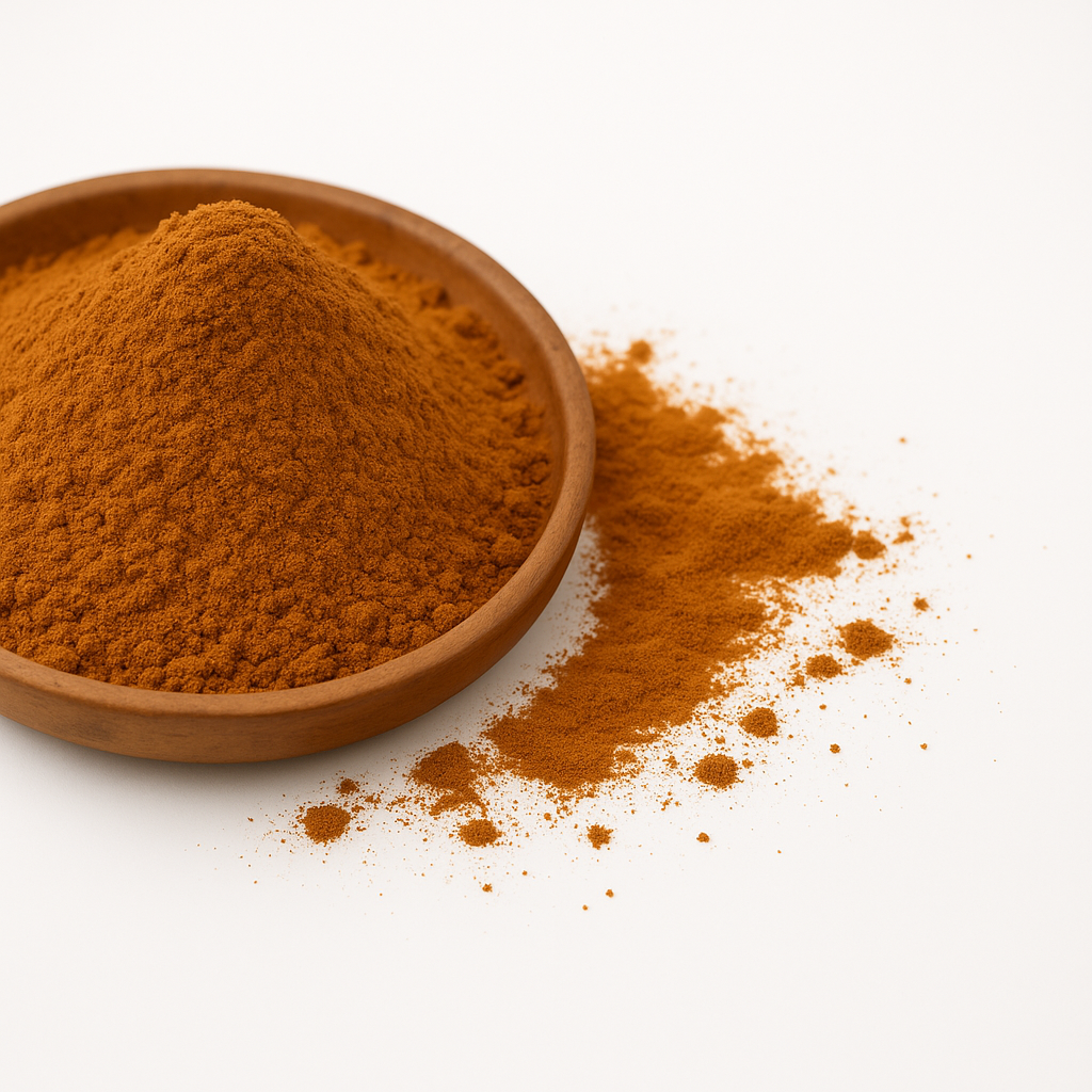 Nærbillede af en lav træskål fyldt med fint rødbrunt paprikapulver med lidt spildt krydderi ved siden af på en ren hvid overflade.